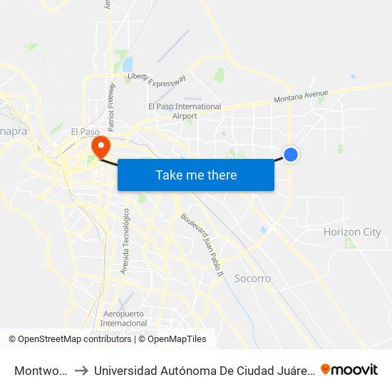 Montwood\Joe Battle to Universidad Autónoma De Ciudad Juárez/ Instituto De Ciencias Sociales Y Administración map