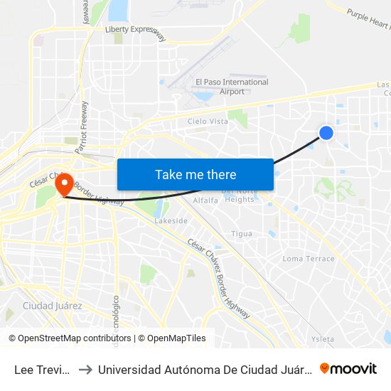 Lee Trevino\Pebble Hills to Universidad Autónoma De Ciudad Juárez/ Instituto De Ciencias Sociales Y Administración map