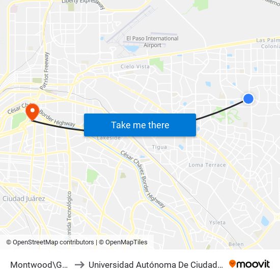 Montwood\George Dieter \Target Store to Universidad Autónoma De Ciudad Juárez/ Instituto De Ciencias Sociales Y Administración map