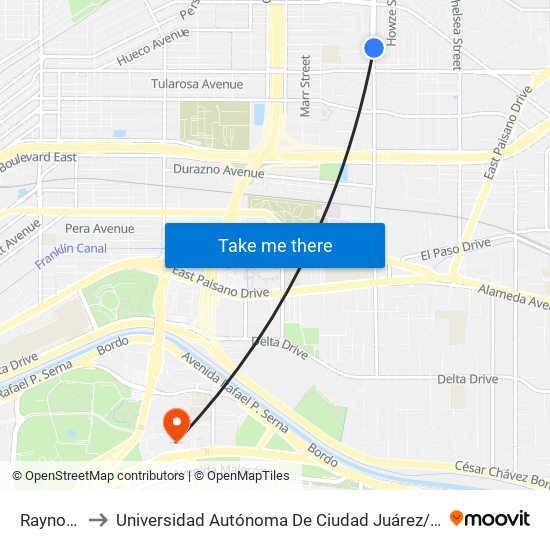 Raynolds\Clifton to Universidad Autónoma De Ciudad Juárez/ Instituto De Ciencias Sociales Y Administración map