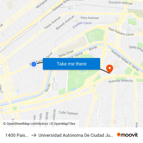 1400 Paisano\Nino Aguilera to Universidad Autónoma De Ciudad Juárez/ Instituto De Ciencias Sociales Y Administración map