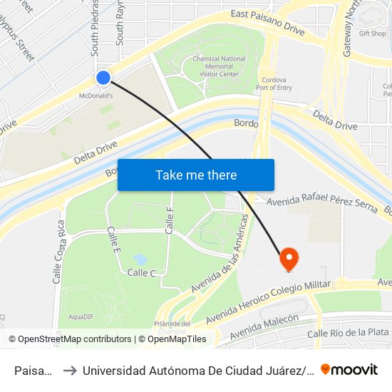 Paisano\Piedras to Universidad Autónoma De Ciudad Juárez/ Instituto De Ciencias Sociales Y Administración map