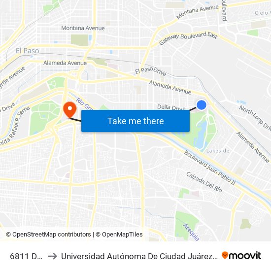 6811 Delta\Malaga to Universidad Autónoma De Ciudad Juárez/ Instituto De Ciencias Sociales Y Administración map
