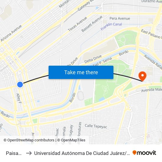 Paisano\Stanton to Universidad Autónoma De Ciudad Juárez/ Instituto De Ciencias Sociales Y Administración map