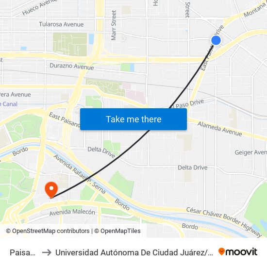 Paisano\Yandell to Universidad Autónoma De Ciudad Juárez/ Instituto De Ciencias Sociales Y Administración map