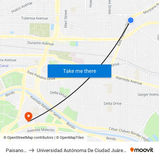 Paisano\Trowbridge to Universidad Autónoma De Ciudad Juárez/ Instituto De Ciencias Sociales Y Administración map