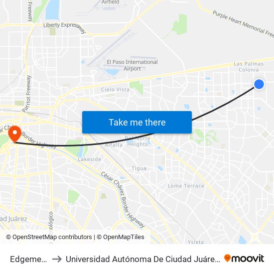 Edgemere\Oxcart Run to Universidad Autónoma De Ciudad Juárez/ Instituto De Ciencias Sociales Y Administración map