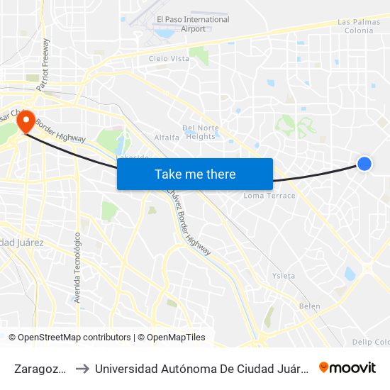 Zaragoza\Vista Del Sol to Universidad Autónoma De Ciudad Juárez/ Instituto De Ciencias Sociales Y Administración map