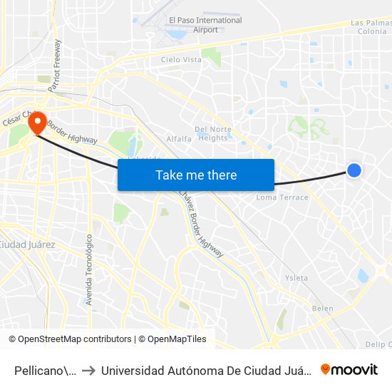 Pellicano\Sierra Bonita Dr. to Universidad Autónoma De Ciudad Juárez/ Instituto De Ciencias Sociales Y Administración map