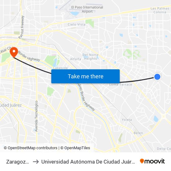 Zaragoza\Pellicano Dr. to Universidad Autónoma De Ciudad Juárez/ Instituto De Ciencias Sociales Y Administración map