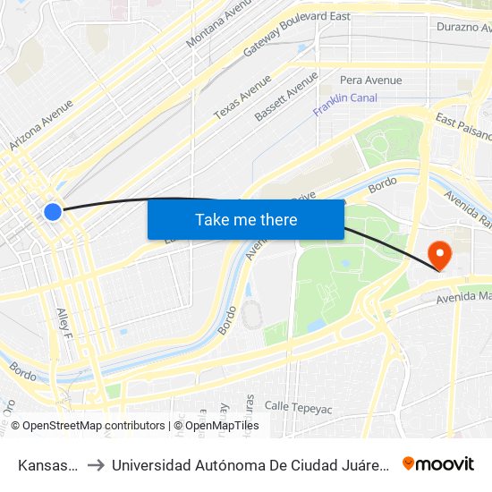 Kansas St.\Main Dr. to Universidad Autónoma De Ciudad Juárez/ Instituto De Ciencias Sociales Y Administración map
