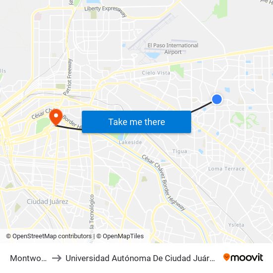 Montwood\Yarbrough to Universidad Autónoma De Ciudad Juárez/ Instituto De Ciencias Sociales Y Administración map