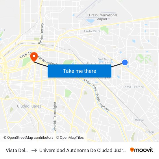 Vista Del Sol\Yarbrough to Universidad Autónoma De Ciudad Juárez/ Instituto De Ciencias Sociales Y Administración map