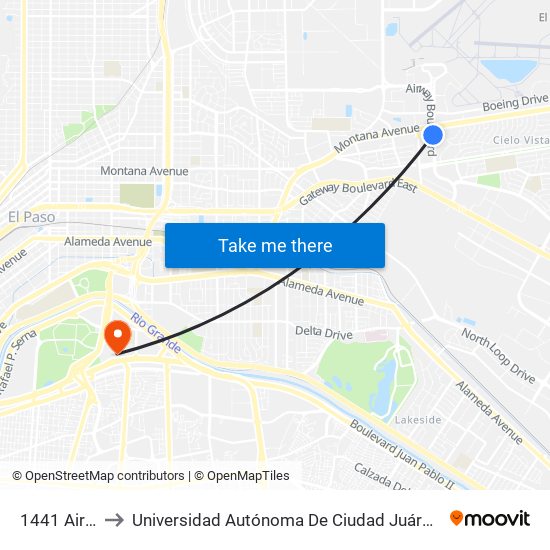 1441 Airway\Montana to Universidad Autónoma De Ciudad Juárez/ Instituto De Ciencias Sociales Y Administración map