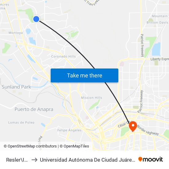 Resler\Imperial Ridge to Universidad Autónoma De Ciudad Juárez/ Instituto De Ciencias Sociales Y Administración map