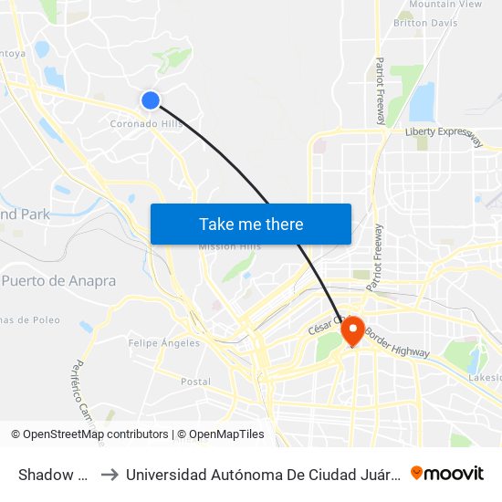 Shadow Mountain\Crest to Universidad Autónoma De Ciudad Juárez/ Instituto De Ciencias Sociales Y Administración map