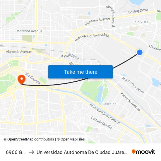 6966 Gateway East to Universidad Autónoma De Ciudad Juárez/ Instituto De Ciencias Sociales Y Administración map