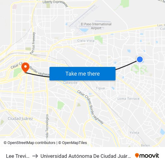 Lee Trevino/Montwood to Universidad Autónoma De Ciudad Juárez/ Instituto De Ciencias Sociales Y Administración map