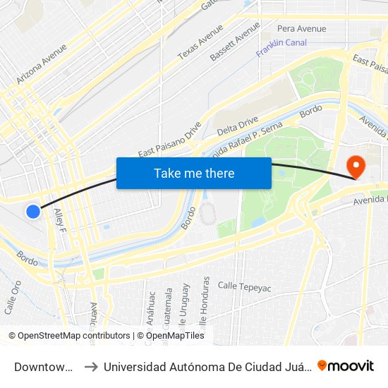 Downtown Transit Ctr Bay J to Universidad Autónoma De Ciudad Juárez/ Instituto De Ciencias Sociales Y Administración map