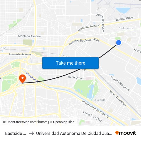 Eastside Terminal Parklot to Universidad Autónoma De Ciudad Juárez/ Instituto De Ciencias Sociales Y Administración map