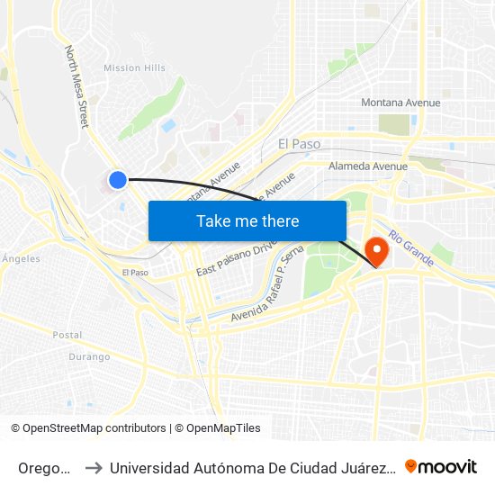 Oregon/Hague Rts to Universidad Autónoma De Ciudad Juárez/ Instituto De Ciencias Sociales Y Administración map