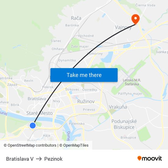 Bratislava V to Pezinok map