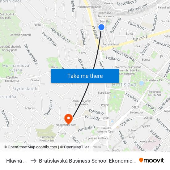 Hlavná Stanica to Bratislavská Business School Ekonomickej Univerzity V Bratislave map