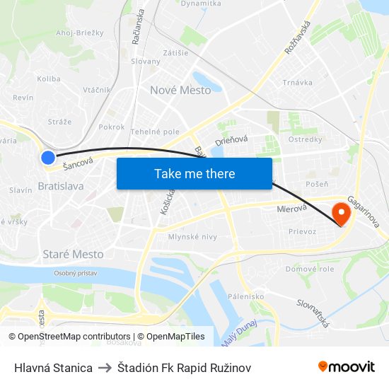 Hlavná Stanica to Štadión Fk Rapid Ružinov map