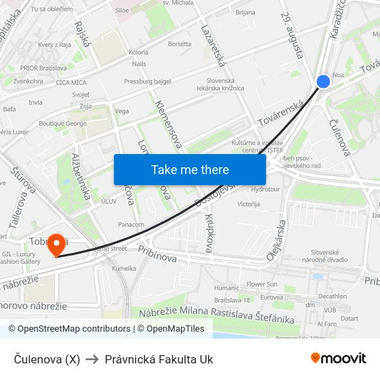 Čulenova (X) to Právnická Fakulta Uk map