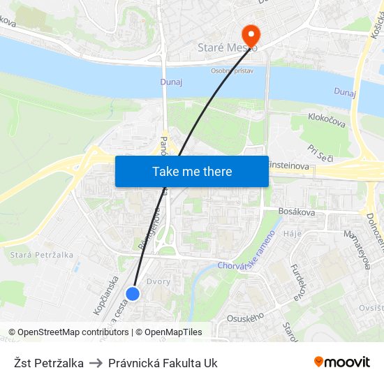 Žst Petržalka to Právnická Fakulta Uk map
