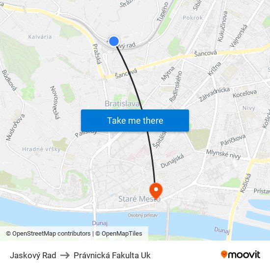 Jaskový Rad to Právnická Fakulta Uk map