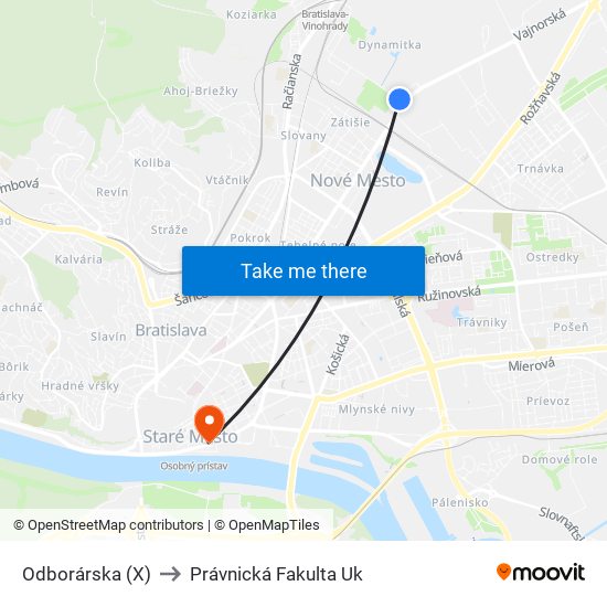 Odborárska (X) to Právnická Fakulta Uk map