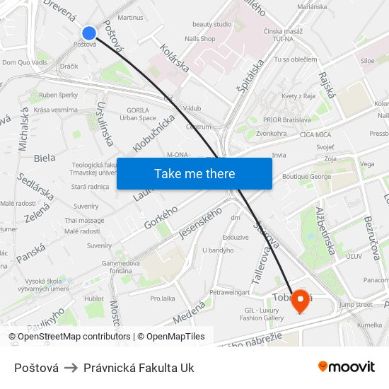 Poštová to Právnická Fakulta Uk map