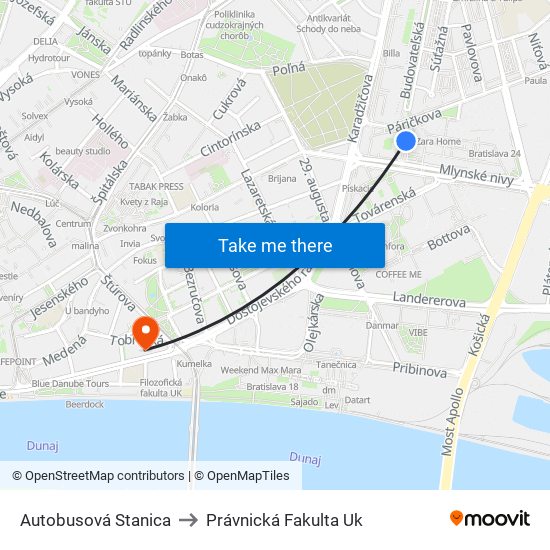 Autobusová Stanica to Právnická Fakulta Uk map