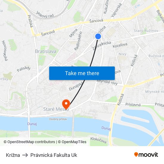 Krížna to Právnická Fakulta Uk map