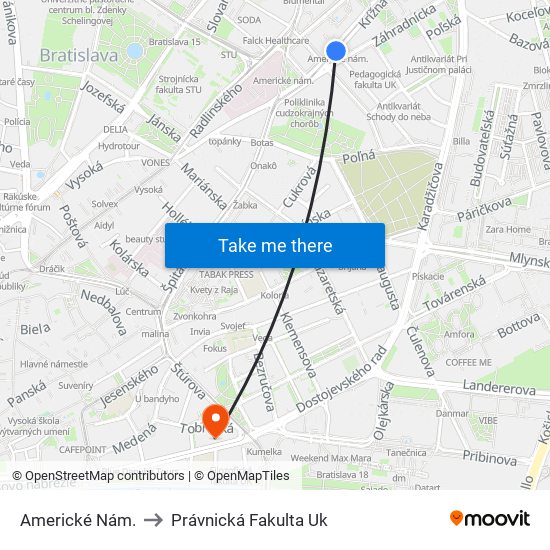 Americké Nám. to Právnická Fakulta Uk map