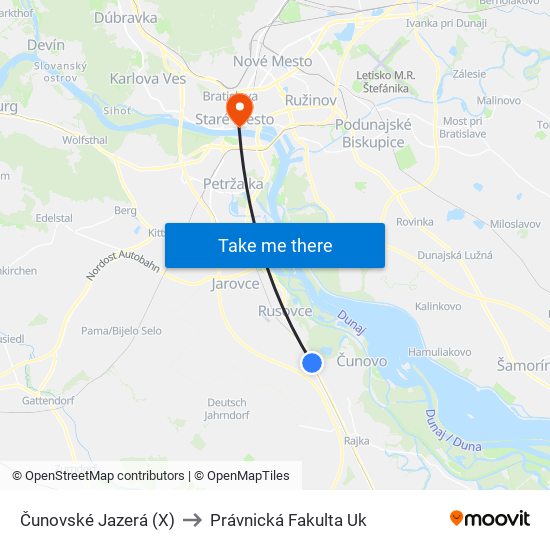 Čunovské Jazerá (X) to Právnická Fakulta Uk map