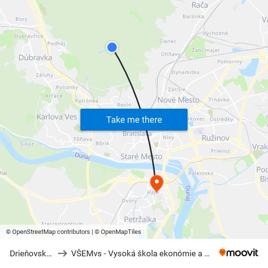 Drieňovské Lúky (X) to VŠEMvs - Vysoká škola ekonómie a manažmentu verejnej správy map