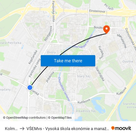 Kolmá (X) to VŠEMvs - Vysoká škola ekonómie a manažmentu verejnej správy map