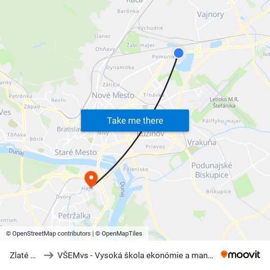 Zlaté Piesky to VŠEMvs - Vysoká škola ekonómie a manažmentu verejnej správy map