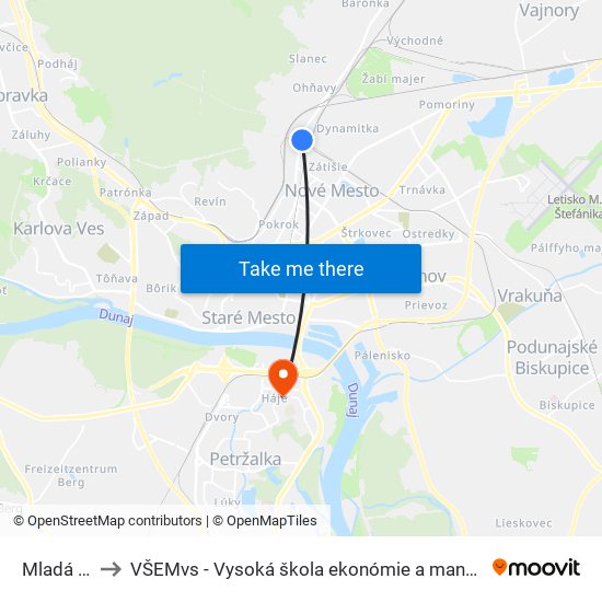 Mladá Garda to VŠEMvs - Vysoká škola ekonómie a manažmentu verejnej správy map