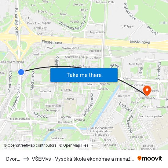 Dvory (X) to VŠEMvs - Vysoká škola ekonómie a manažmentu verejnej správy map