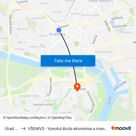 Úrad Vlády Sr to VŠEMVS - Vysoká škola ekonómie a manažmentu, verejnej správy v Bratislave map
