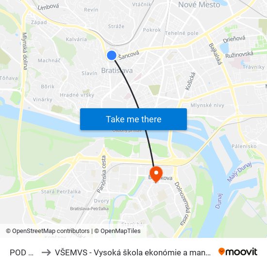 POD Stanicou to VŠEMVS - Vysoká škola ekonómie a manažmentu, verejnej správy v Bratislave map