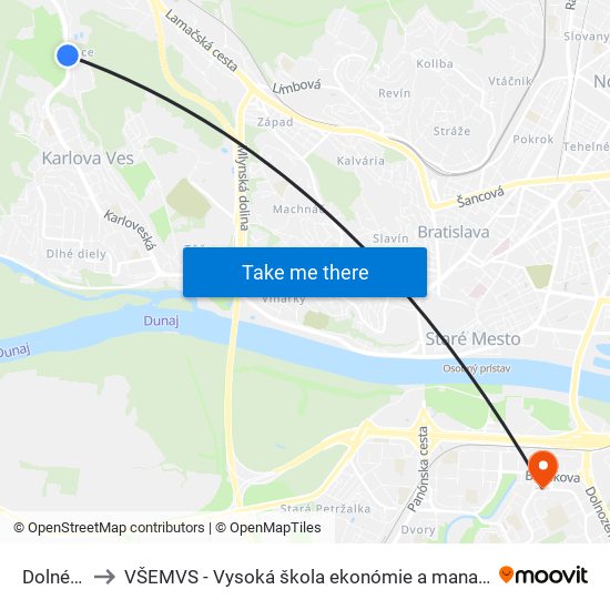 Dolné Krčace to VŠEMVS - Vysoká škola ekonómie a manažmentu, verejnej správy v Bratislave map