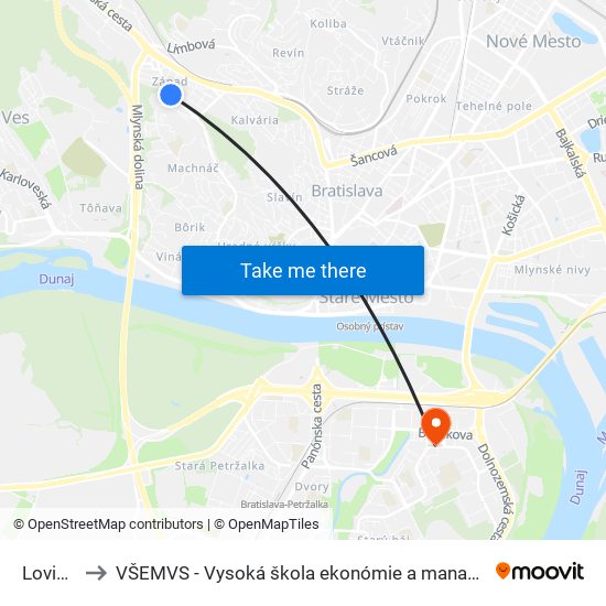 Lovinského to VŠEMVS - Vysoká škola ekonómie a manažmentu, verejnej správy v Bratislave map