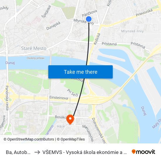 Ba, Autobusová Stanica to VŠEMVS - Vysoká škola ekonómie a manažmentu, verejnej správy v Bratislave map