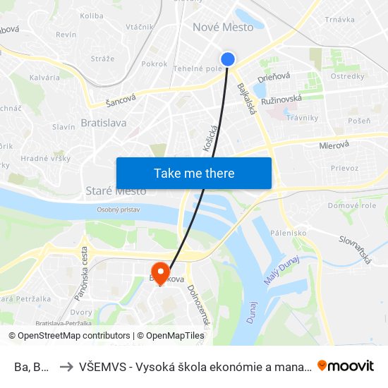 Ba, Bajkalská to VŠEMVS - Vysoká škola ekonómie a manažmentu, verejnej správy v Bratislave map
