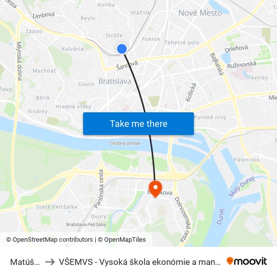 Matúškova (X) to VŠEMVS - Vysoká škola ekonómie a manažmentu, verejnej správy v Bratislave map