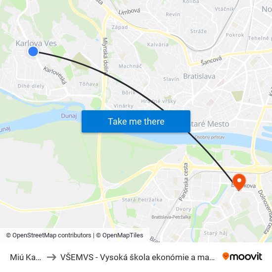 Miú Karlova Ves to VŠEMVS - Vysoká škola ekonómie a manažmentu, verejnej správy v Bratislave map
